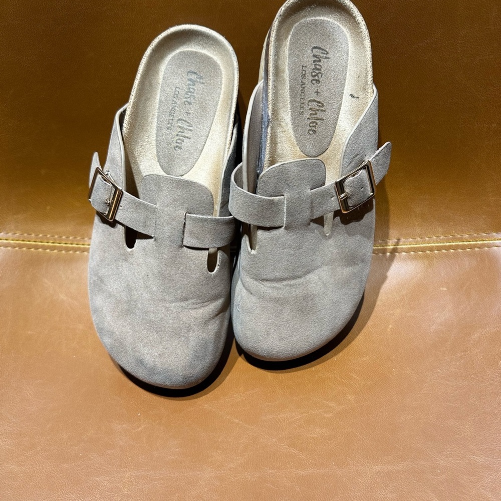 Chase + Chloe Taupe Suede Buckle Slides